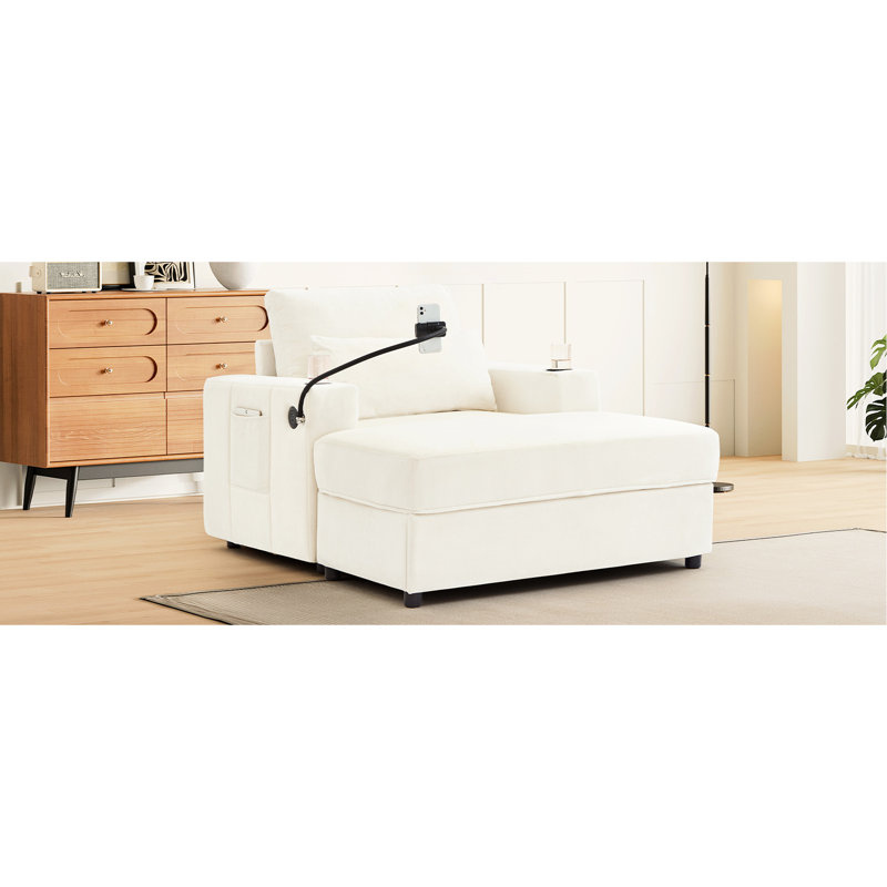 Beige avec rangement mobile, ports, porte-téléphone et poches latérales, fauteuil multifonctionnel polyvalent pour le salon, rangement caché, deux poches