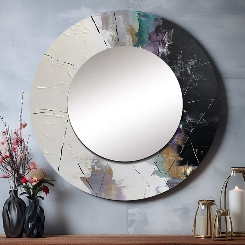 Quennel Purple Language Of Lines III - Geometric Decorative Wall Mirror, Modern Large Round Mirror, Printed Metal Art