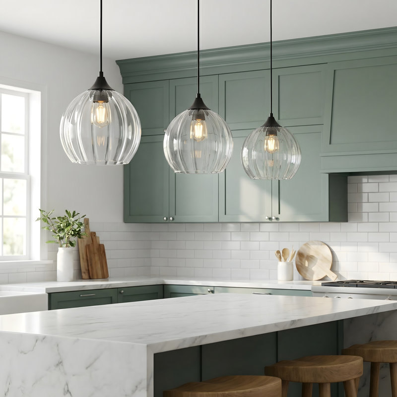 3-Light Single Glass Pendant Light Globe Adjustable Height for Kitchen Island Dining Room, 3 Pack, Clear, Matte Black