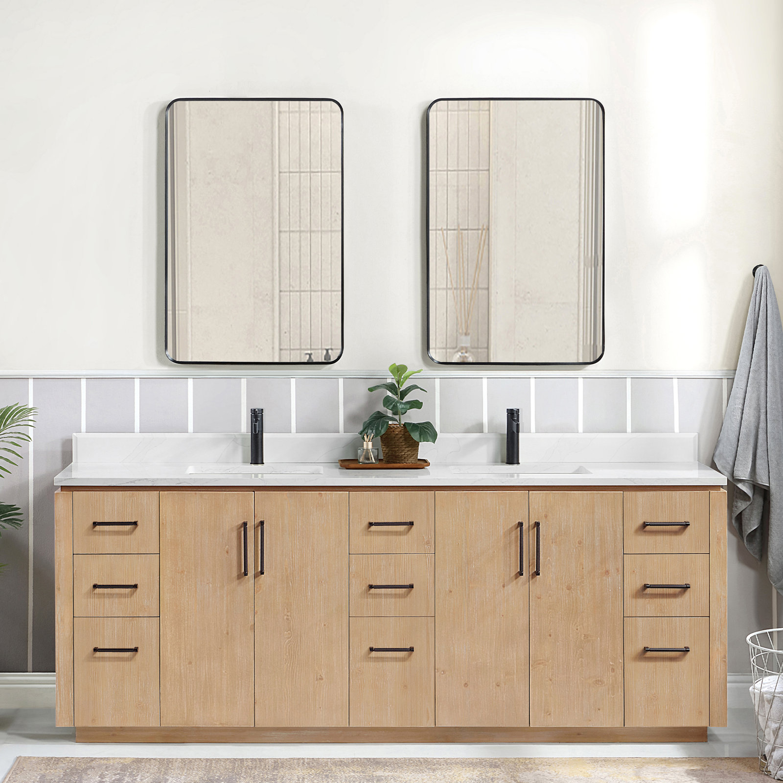 Cloverfield 84'' Double Bathroom Vanity, Fir Wood Brown, Matte Black