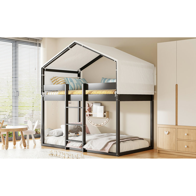 Lit simple superposé au-dessus de bois avec tente, couleur, construction solide, décoration de chambre à coucher ludique - finition, construction pour, conception inspirée de la maisonnette, espace de rangement spacieux