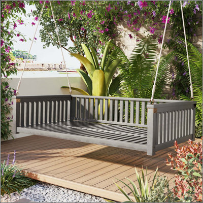 Minimalist Twin Size Garden Swing Bed with Acacia Wood Frame and Sloped Design – Gray
