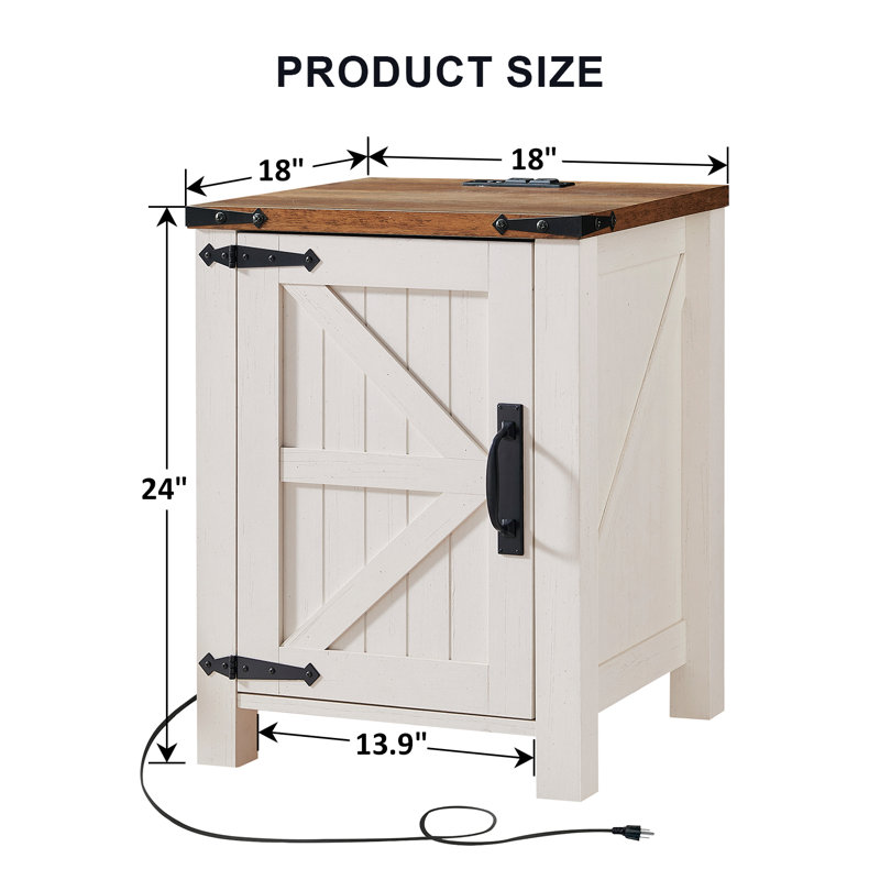 24'' Tall Farmhouse End Table With Charging Station, Wood Nightstand With Adjustable Shelf, Built-in Outlets