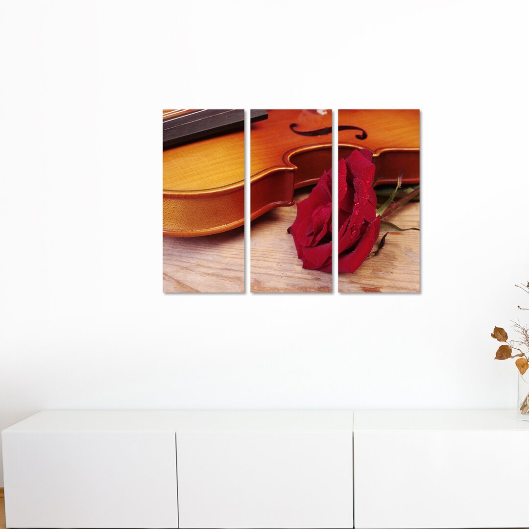 3-tlg. Leinwandbilder-Set Violine mit roter Rose