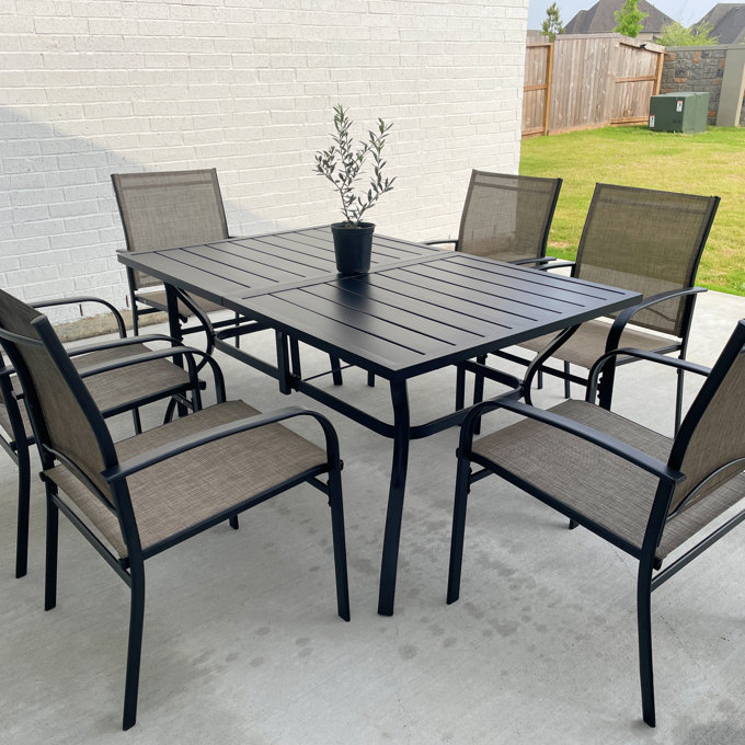 Birmadevi Powder-coated Metal Frame Black Rectangular Outdoor Patio Dining Table with Umbrella Hole