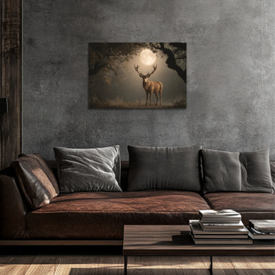 Art mural sur toile grand cerf au clair de lune, impression de paysage de forêt en hiver, peinture de cerf majestueux, affiche de Noël des Fêtes, œuvre d'art sur toile de scène de nature rustique pour chambre à coucher, 28 x 40 pouces