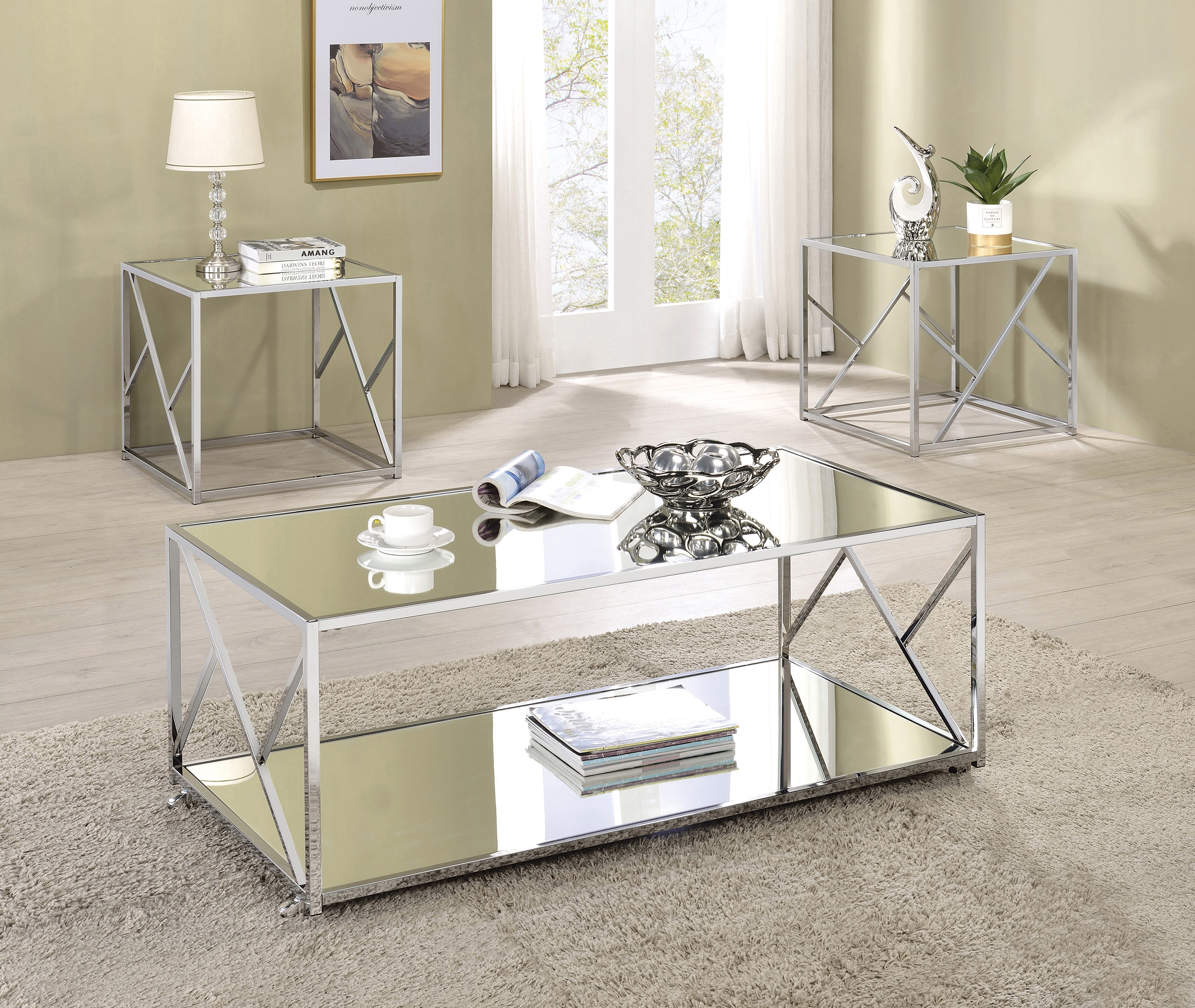 Orren Ellis Provins 3-Piece Occasional Table Set Clear Mirror/Chrome ...