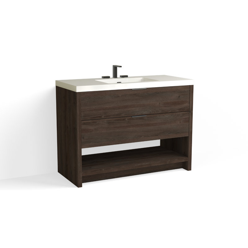 Vue 48" W Freestanding Single Bathroom Vanity, Glossy White/8" Widespread, Matte Black, White Nanomatte