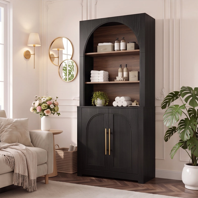 Bibliothèque en noyer de 70,87 pouces avec armoire de rangement à porte cintrée et étagères ouvertes, Black