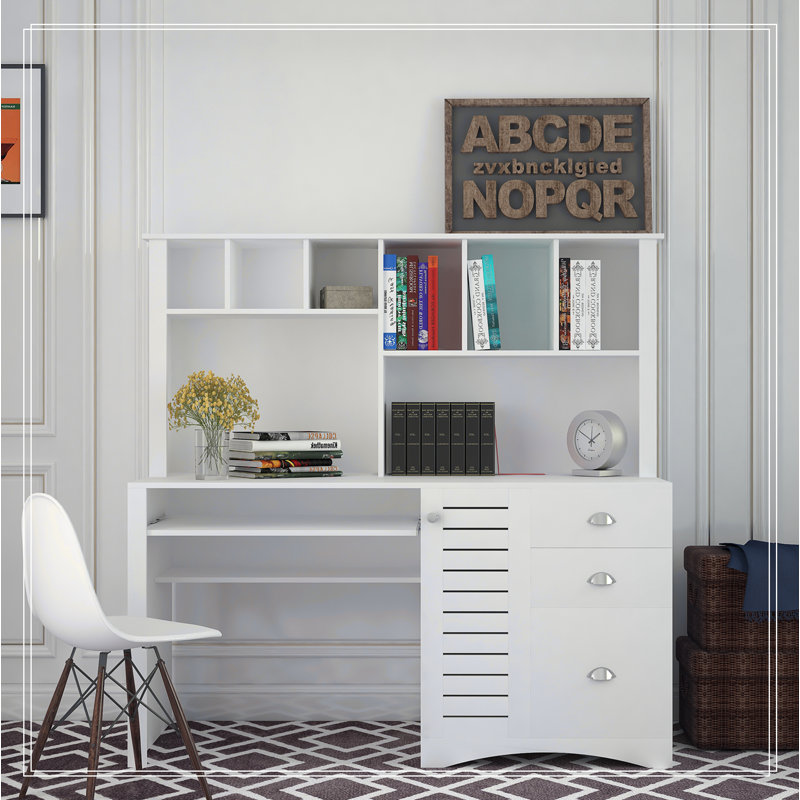Bureau en L avec huche Melaniece, Blanc incorrect, H 57,68 po x l 59,06 po x P 23,62 po