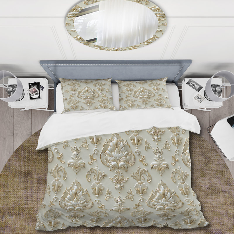 Ensemble de housse de couette Beige Classic Damask Bliss III - Traditional, Housse de couette pour grand lit + 2 taies décora
