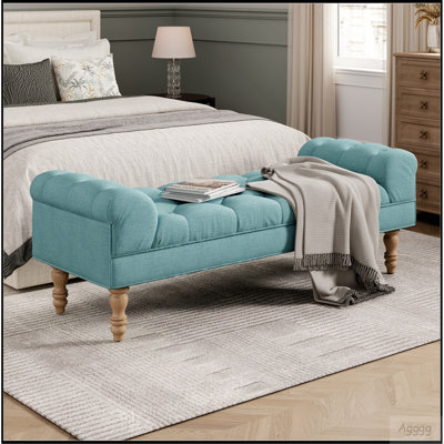 Banc de bout de lit capitonné, grand repose-pieds rembourré, repose-pieds avec pieds, tabouret avec accoudoirs roulés, banc en tissu rembourré, banc d'intérieur pour chambre à coucher, salon, entrée, sarcelle cendré