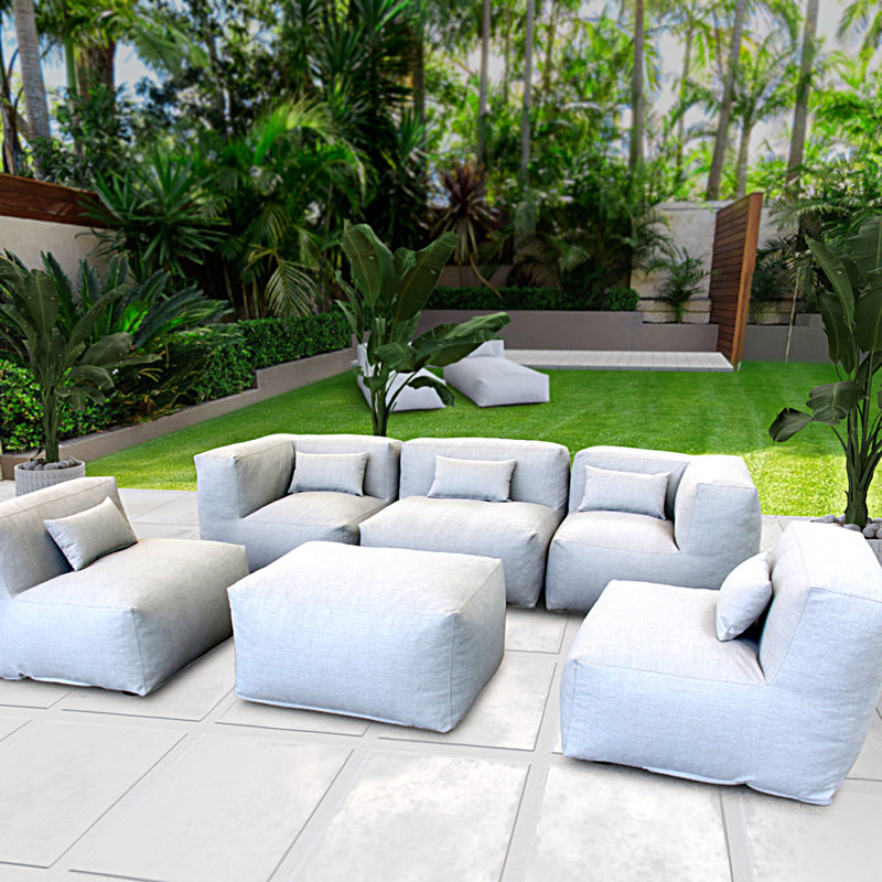 outdoor 5 piece modular bean bag outdoor conversation set, high density foam olefin sectional for patio garden, Gray