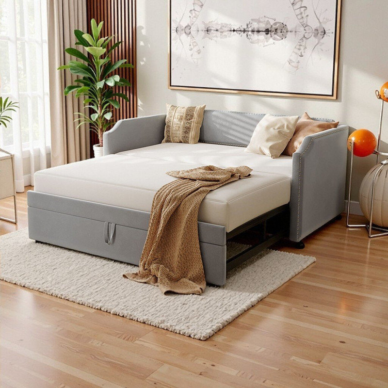 Lit de jour simple rembourré avec couchette escamotable, tissu en velours, meubles de canapé-lit, Gris
