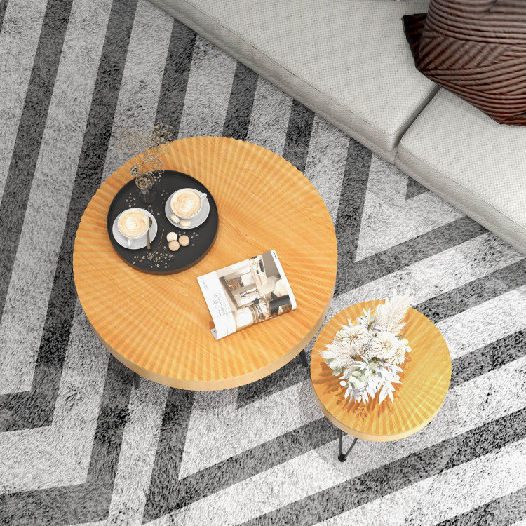 Round Natural Wood and Metal Nesting Coffee Table Set