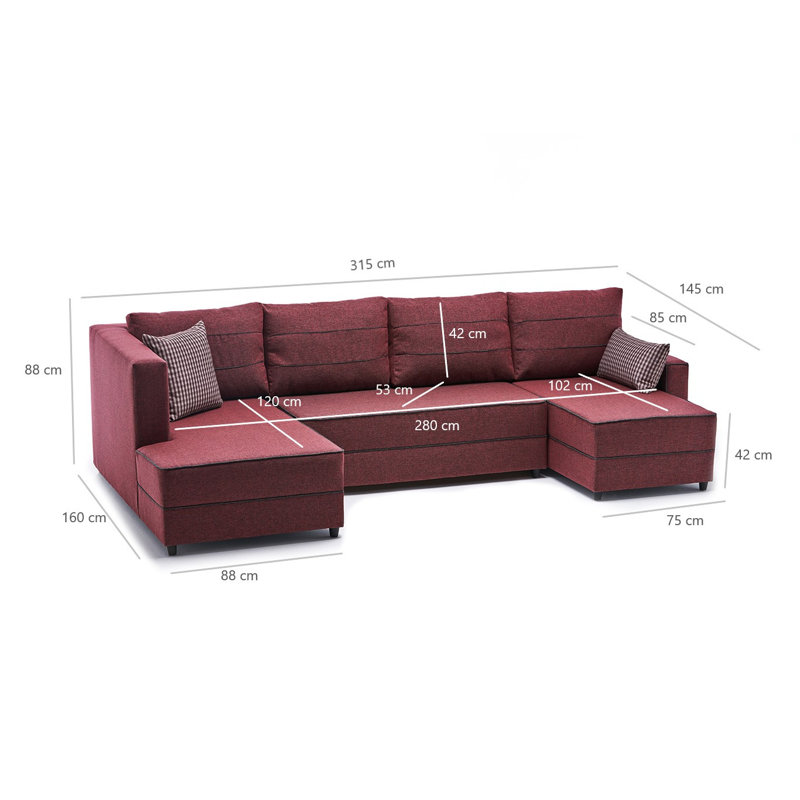 Canapé-lit d'angle Ensi, 100 % polyester rouge bordeaux, Accoudoir à gauche (vu de face)