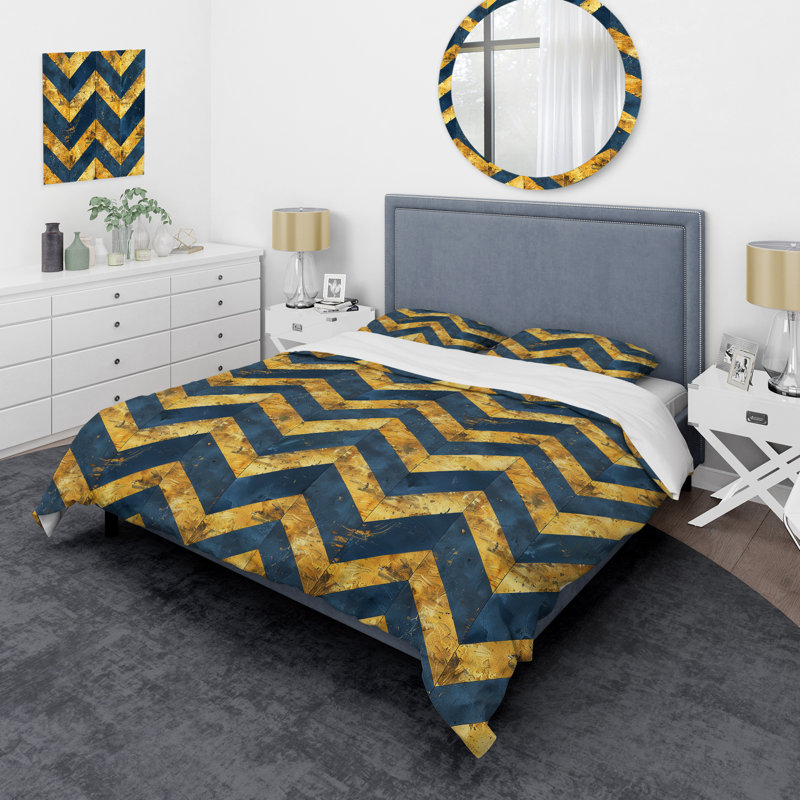 Ensemble de housse de couette transitionnelle Blue Gold Chevron Glamour III, Housse de couette très grand et 2 très grandes t