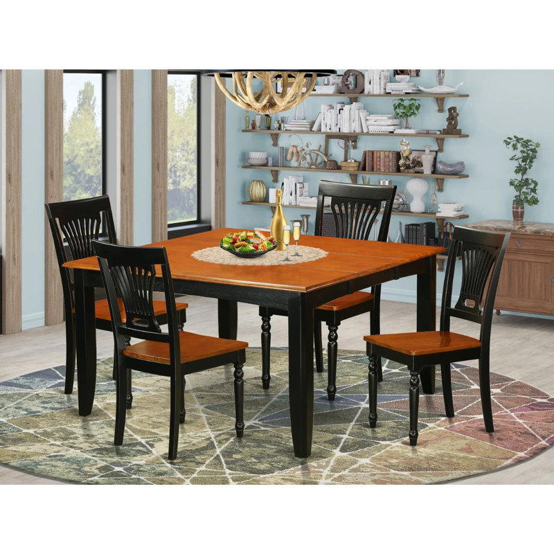 5 Piece Dining Set Includes a Square Dining Table with Butterfly Leaf and 4 Kitchen Chairs, Black & Cherry, Black / Cherry