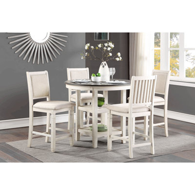 Ensemble de table de salle à manger à hauteur de comptoir 5 pièces blanc antique et brun avec tablettes intégrées et 4 chaises de hauteur de comptoir en bois