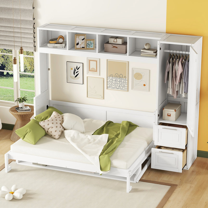 Grand lit blanc avec beaucoup de rangement pour les livres et plus encore