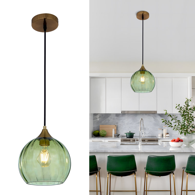 1-Light Single Glass Pendant Light Globe Adjustable Height for Kitchen Island Dining Room, Green, Brushed Brass, 1 Pack