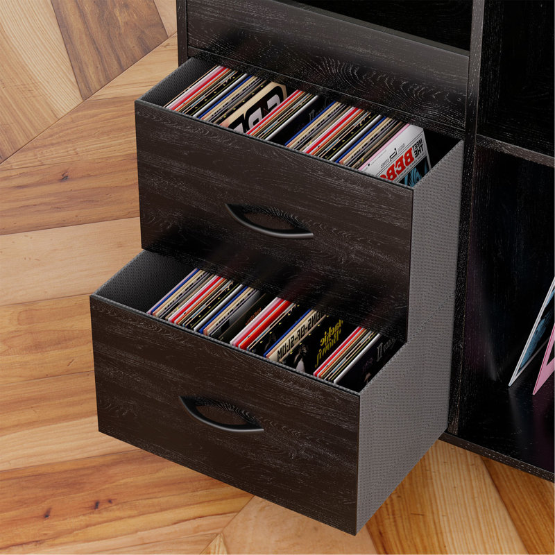 Record Player Stand With Power Outlet & Flip-Down Lid, Turntable Table With Storage For 300+ Vinyls, Black Wood Grain Media Console With 2 Drawers, 27.6" With Dust Protection, Some Assembly Required,