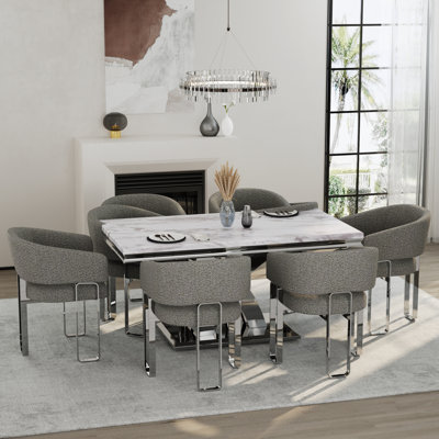 Ensemble de table de salle à manger 7 pièces en faux marbre et argent avec 6 chaises de salle à manger à accoudoirs bouclés gris
