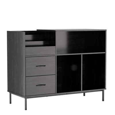 Media Console Record Player Stand With Power Outlet Flip Down Lid Storage For 300 Vinyls 2 Drawers
