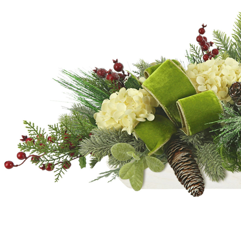 Holiday Arrangement with Hydrangeas, Ribbons and Berries