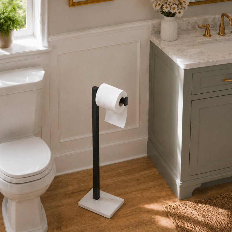 Porte-papier hygiénique sur pied, porte-papier hygiénique en marbre naturel avec rangement pour rouleau supplémentaire, décoration de style ferme moderne