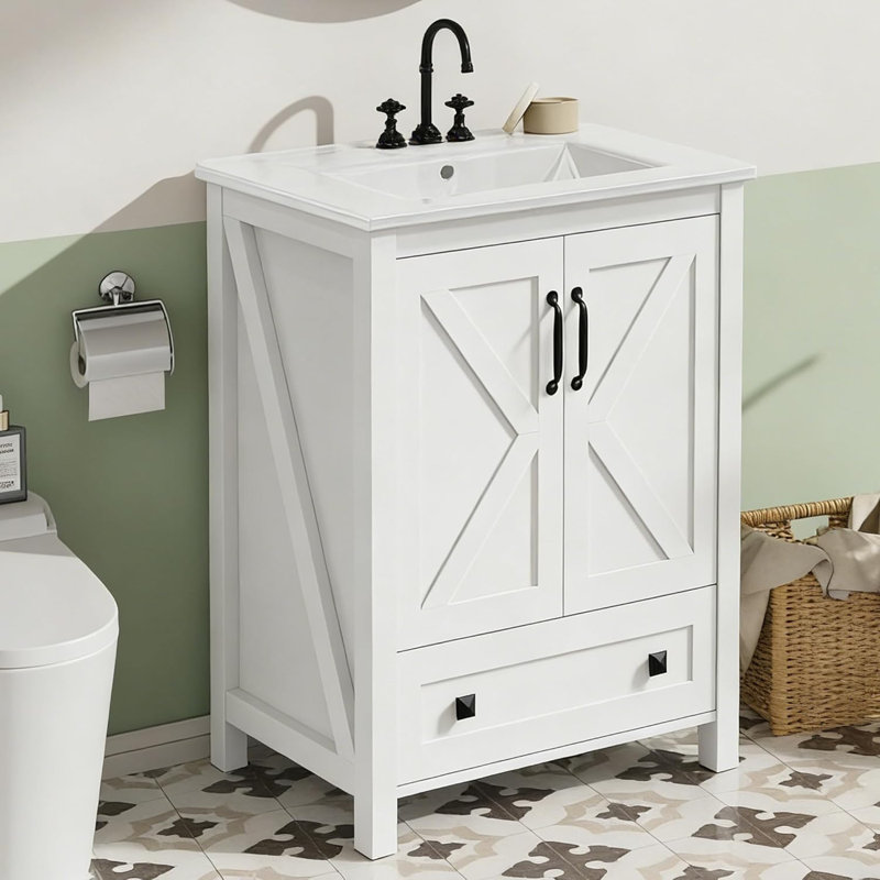 30" Bathroom Vanity with Ceramic Sink, Modern Freestanding Vanity Cabinet with 2 Doors & Drawer, Wood Storage for Bathroom, White