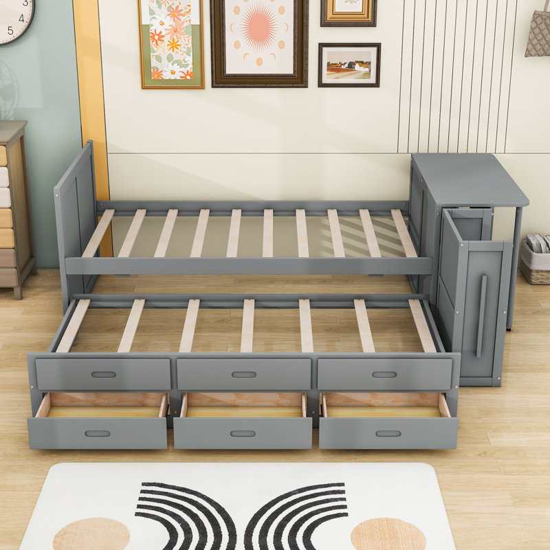 Lassen Twin Wooden Platform Bed with Twin Trundle, Storage Drawers and Desk, Gray