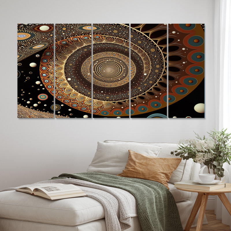 «Vintage Fractal Spiral In Retro Terracotta II», reproduction sur toile à spirales abstraites - 5 panneaux égaux