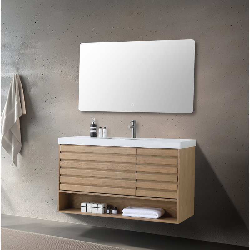 Meuble-lavabo en contreplaqué de chêne naturel 48 po avec pierre, Blanc, Chêne pacane