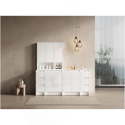 72" Freestanding Vanity Combination, 4-Storage Cabinet And 2-Wall Cabinet Combination, Soft Closing Doors And Drawers, Glossy White, Plywood