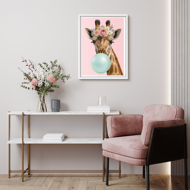 Giraffe with Floral Crown Framed Wall Art - Whimsical Bubblegum Animal Print for Girls' Room or Nursery Decor, 16" H x 12" W