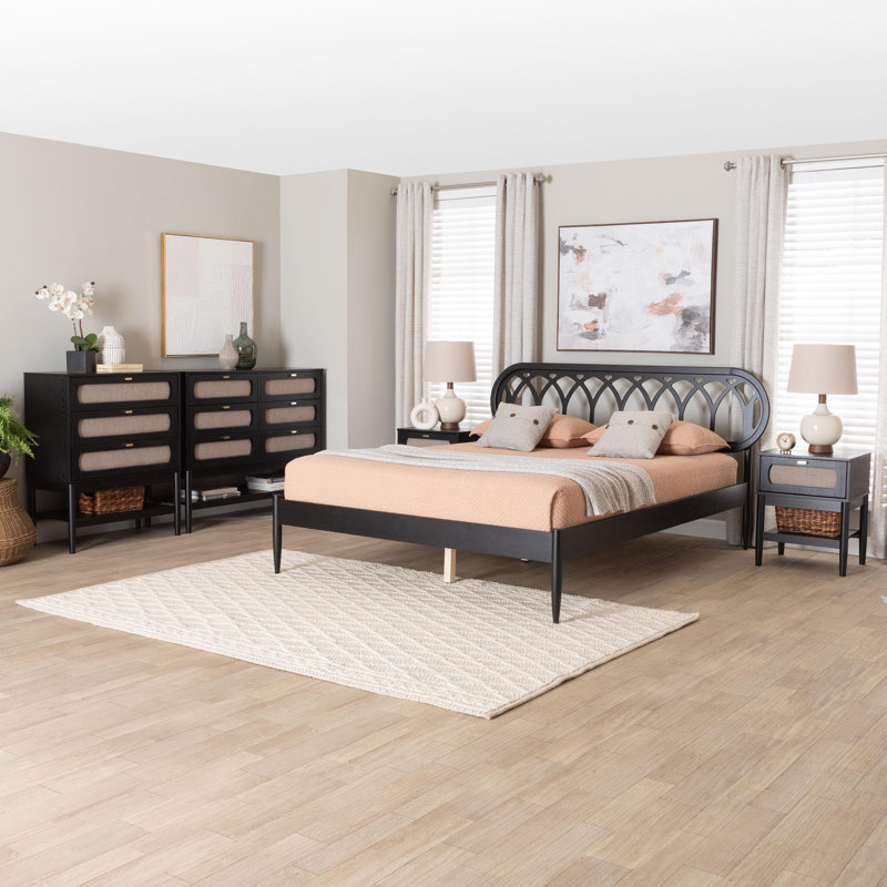 Kedzie Baxton Studio Florica Art Deco Black Wood Queen 5-Piece Bedroom Set