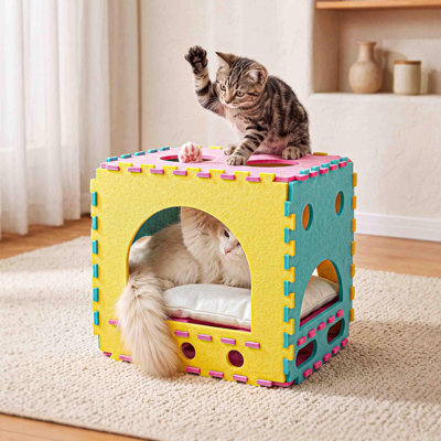 Maison de jouets pour chats pour chat, boîte de casse-tête en mousse avec 30 jouets pour chat inclus, maisonnette pour chat