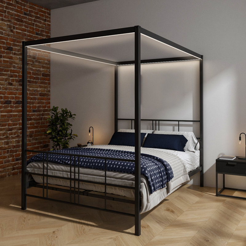 XR Living Fern Four Poster Bed With White Soft Glow LED Lights, Black, Double (4'6)