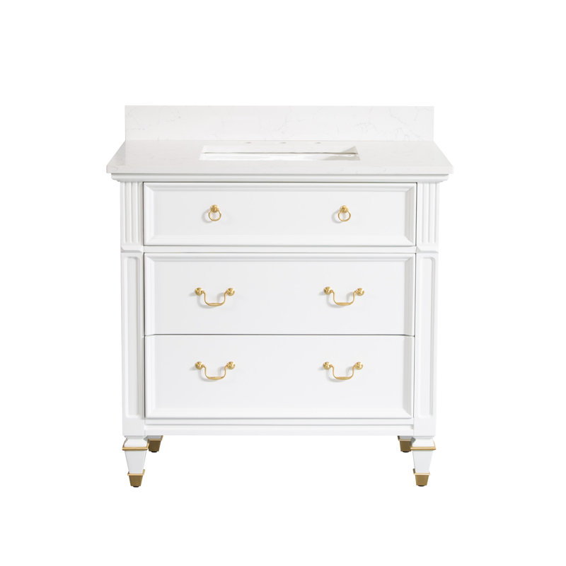 Meuble-lavabo simple H 35 po x l 36 po avec comptoir en quartz blanc résistant aux taches et lavabo simple, Blanc