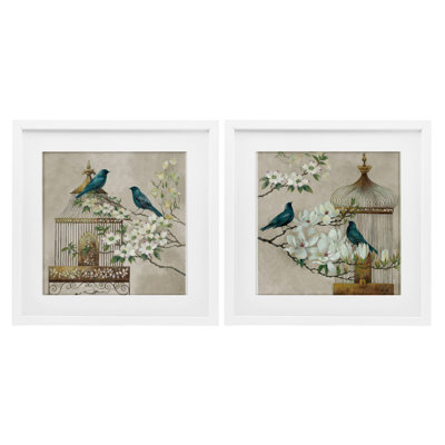 Spring Bluebirds Menagerie 2pc Framed Print Under Glass Set, design by Elaine Vollherbst