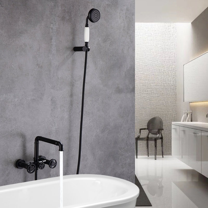 Douchette de baignoire murale à deux poignées avec douchette roind, Noir mat