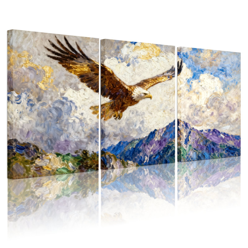 Oiseaux aigle planant sur un lac de montagne, ensemble de 3 impressions sur toile, H 18 po x l 36 po