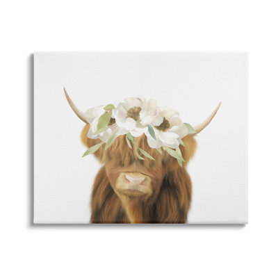 Highland Cattle White Flower Crown Minimal Design by Leah Straatsma - Print