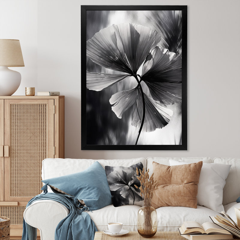 Feuilles de ginkgo tropical III - salon d'art mural à feuilles florales, H 40 po x l 30 po x P 1,5 po, Cadre photo noir