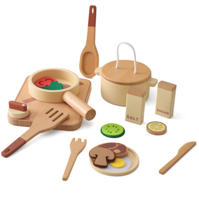 Wooden Pretend Play Kitchen Cookware and Utensil Set