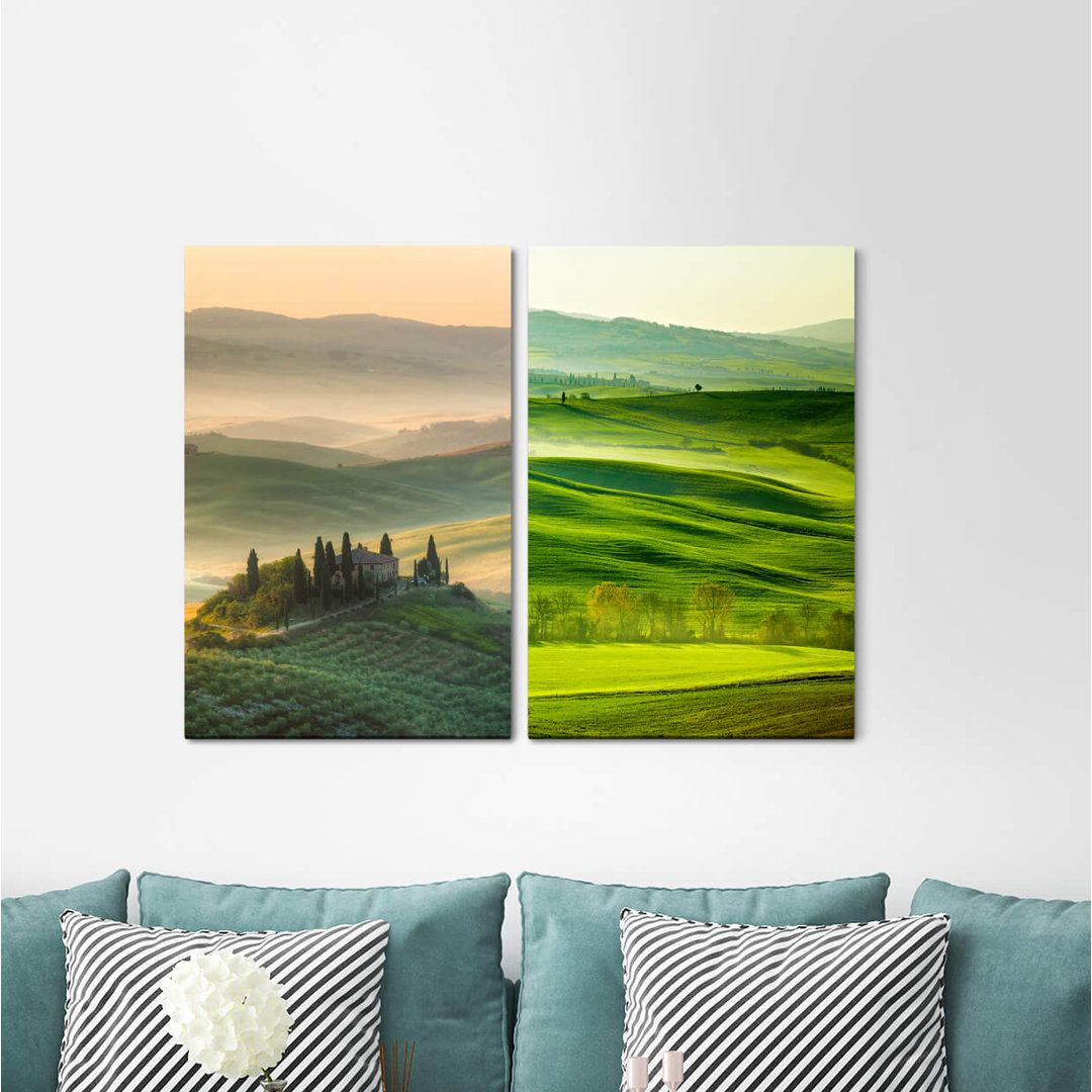 2-tlg. Leinwandbilder-Set - Grafikdruck "Toskana Italien Mittelmeer Weizen Natur Entspannende Landschaft"