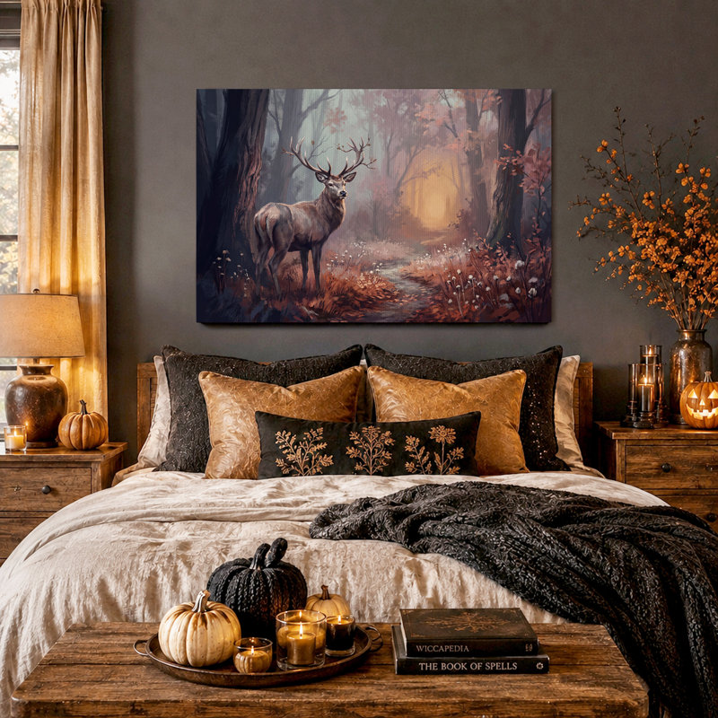 «Brown Stag debout dans une forêt d'automne brumeuse», art mural sur toile, H 18 po x l 24 po