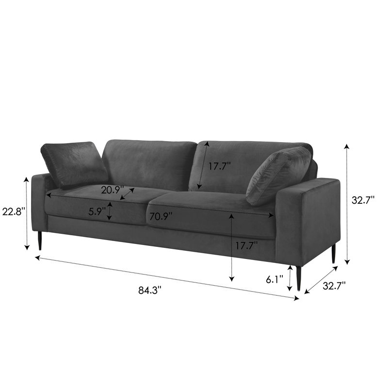 Etta 214.1Cm Velvet Square Arms Sofa, Grey Velvet