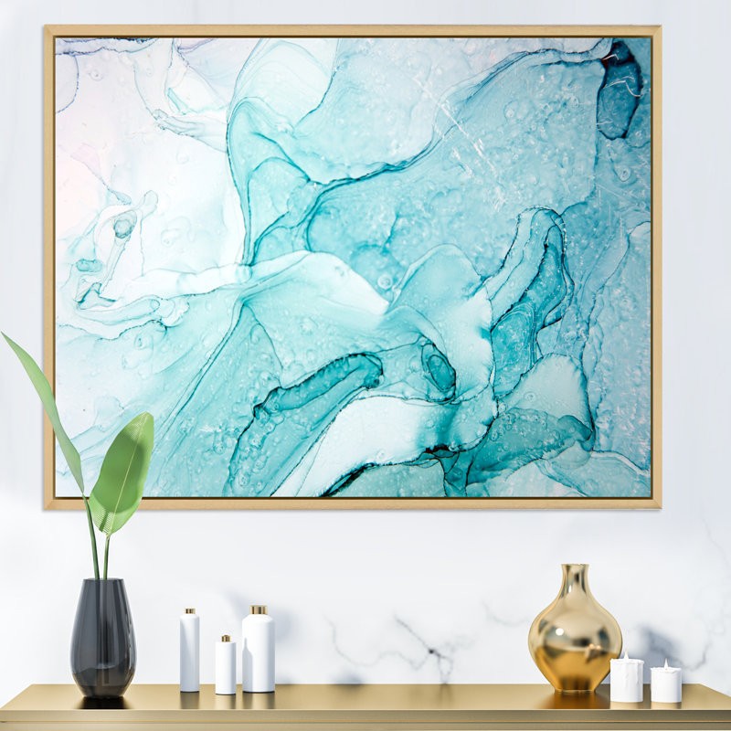 Turquoise Ink Universe - peinture sur toile, Cadre flottant en érable, H 12 po x l 20 po